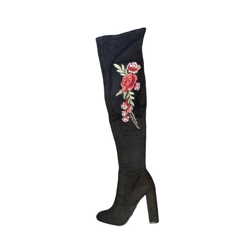 Steve Madden Mozee‎ Rose Embroidered Over The Knee Boots Blk Faux Suede Size 7.5